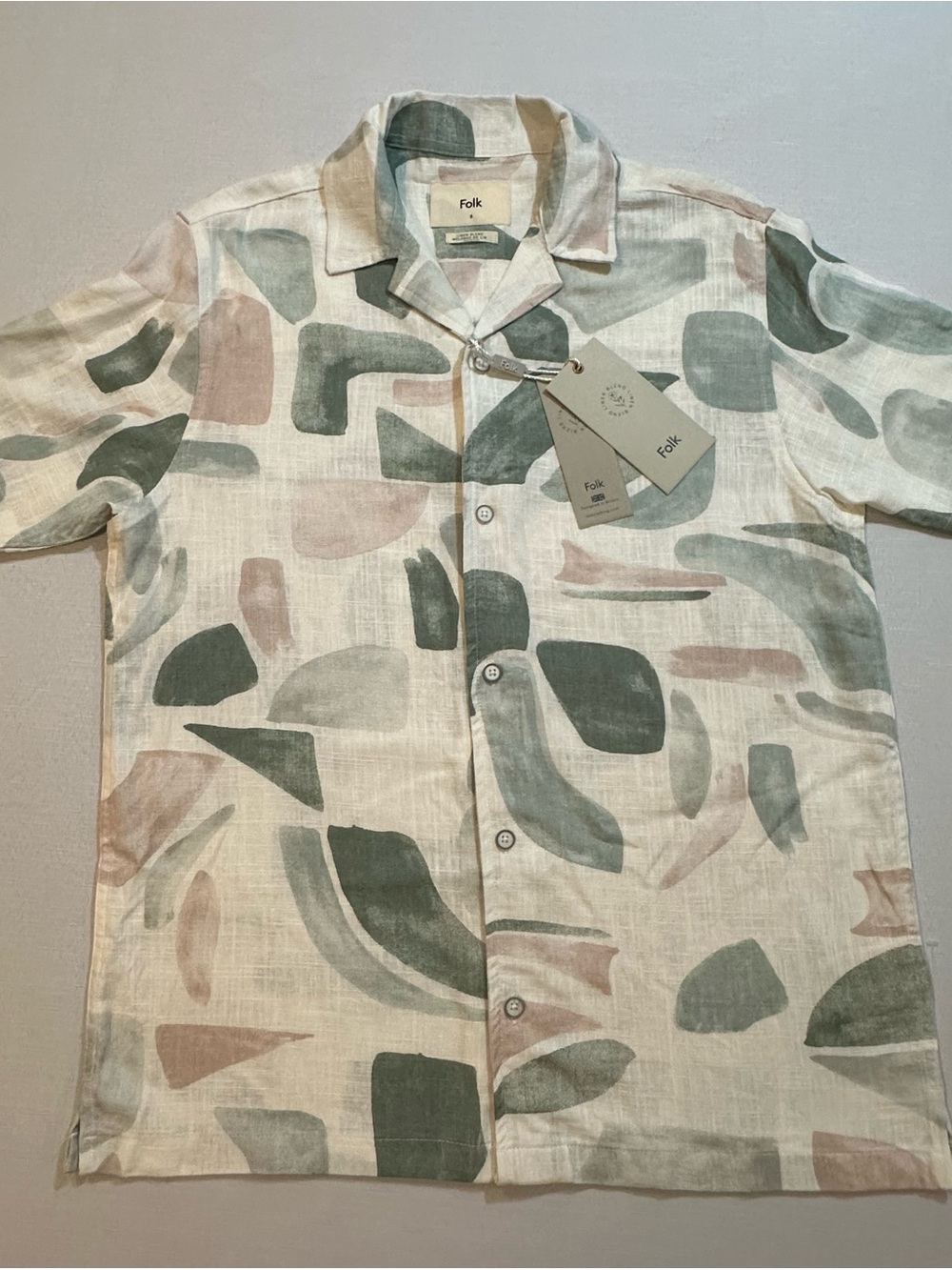 NWT Folk Palcont Abstract Linen Blend Camp Shirt Green Men’s S MSRP $181